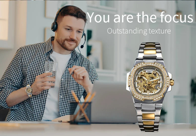 Montre automatique homme LONGLUX – Acier inoxydable, mécanique squelette, étanche, style luxe