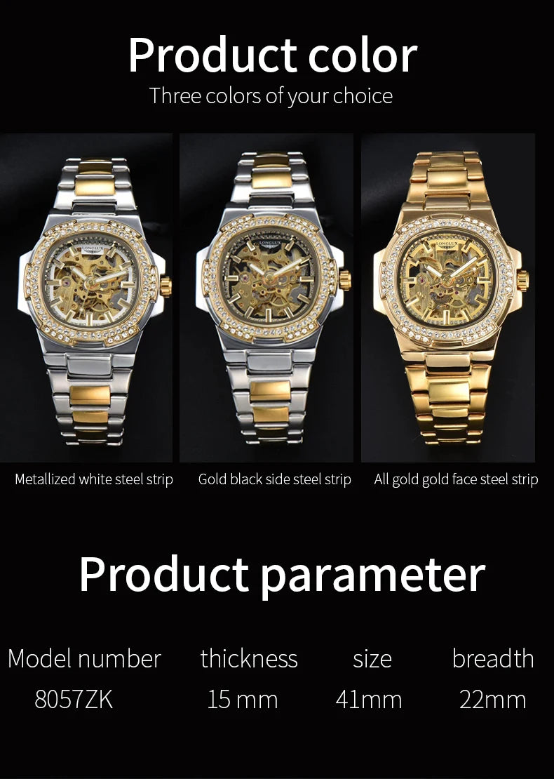 Montre automatique homme LONGLUX – Acier inoxydable, mécanique squelette, étanche, style luxe