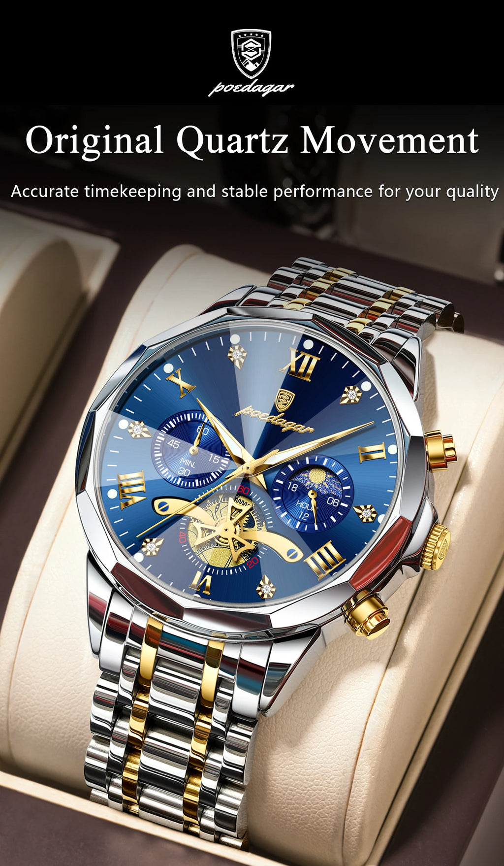 Montre Homme POEDAGAR 938 – Chronographe Quartz, Acier Inoxydable, Étanche 3 ATM