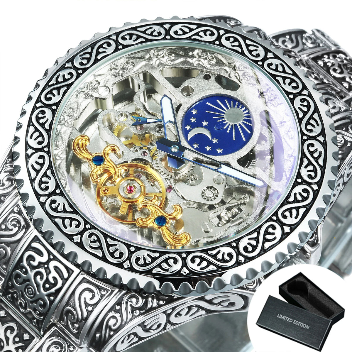 Montre automatique homme de luxe Forsining – squelette doré, phases de lune, tourbillon, bracelet acier