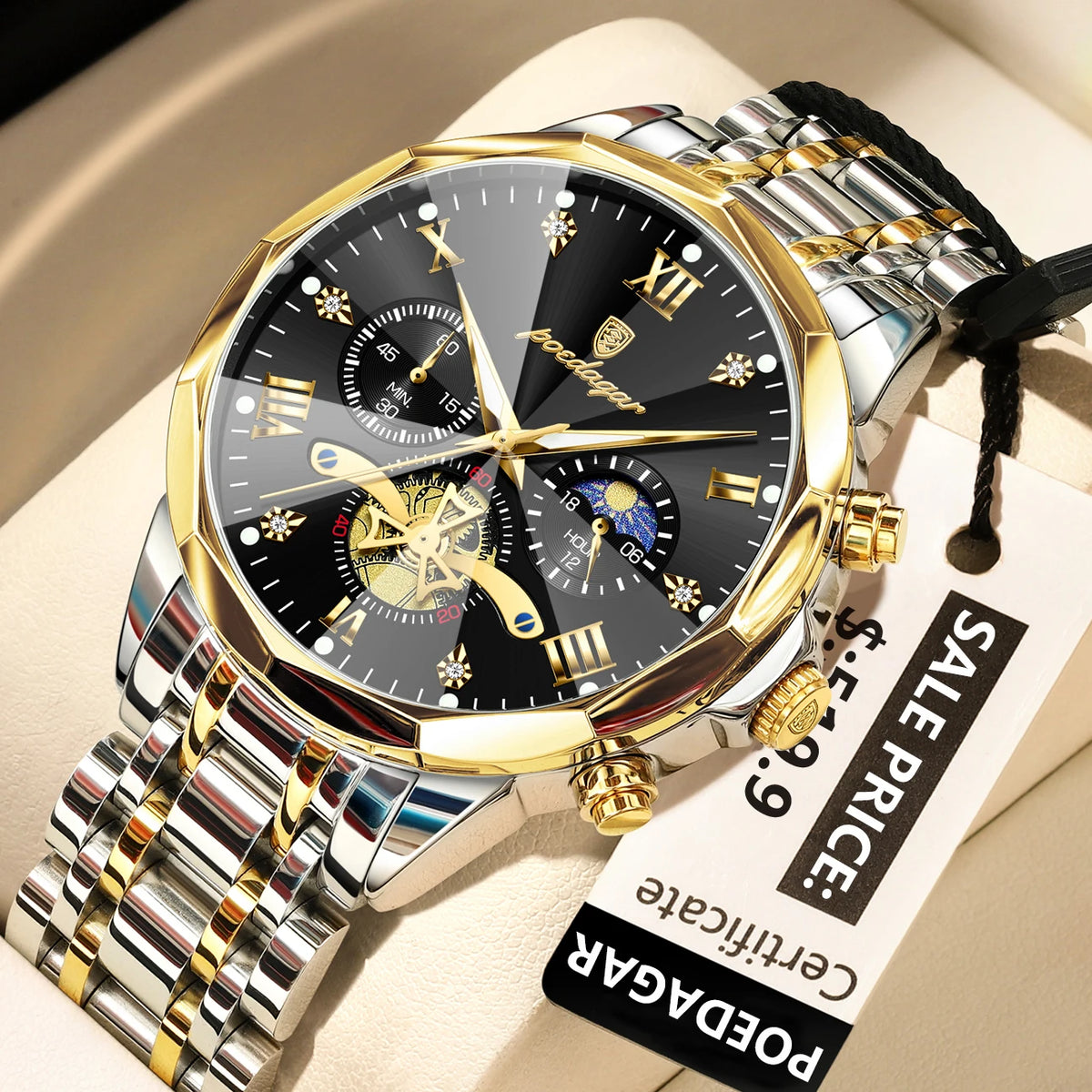 Montre Homme POEDAGAR 938 – Chronographe Quartz, Acier Inoxydable, Étanche 3 ATM