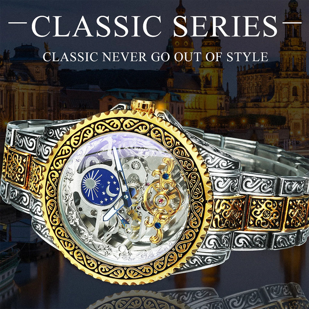 Montre Mécanique Homme FORSINING – Squelette Luxe Or, Phase de Lune