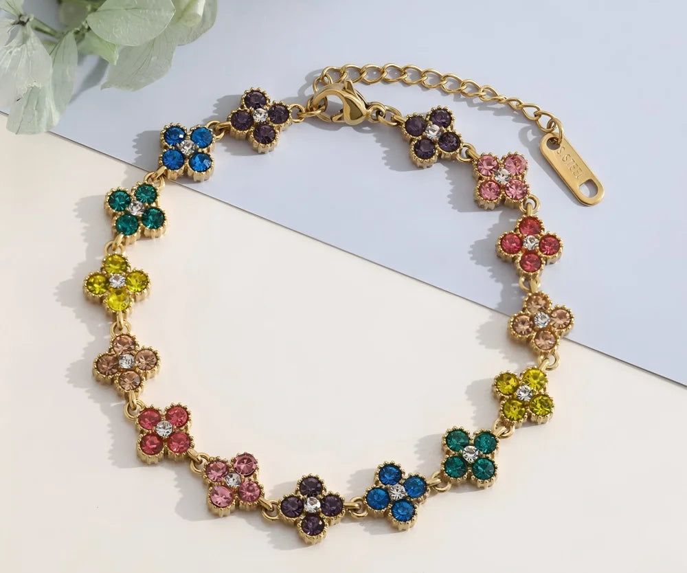 Bracelet Fleurs Colorées en Zircon – Acier Inoxydable 316L, Plaqué Or 18K