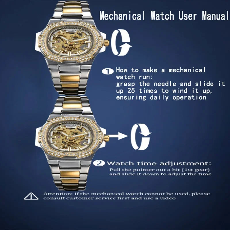 Montre automatique homme LONGLUX – Acier inoxydable, mécanique squelette, étanche, style luxe