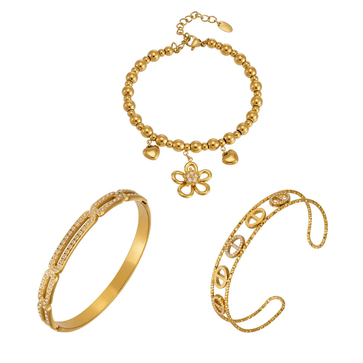 Bracelet Femme 18K Doré – Fleurs, Cœur & Zircon