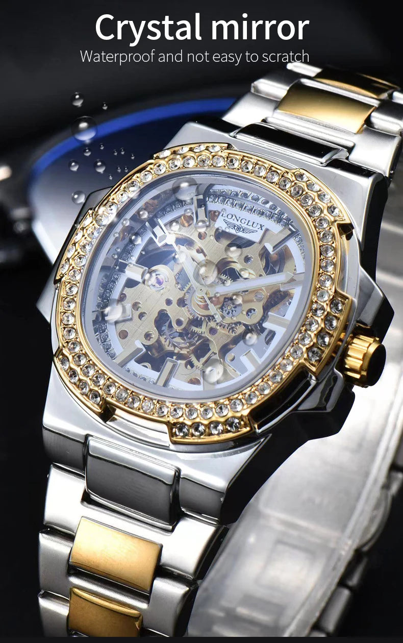 Montre automatique homme LONGLUX – Acier inoxydable, mécanique squelette, étanche, style luxe