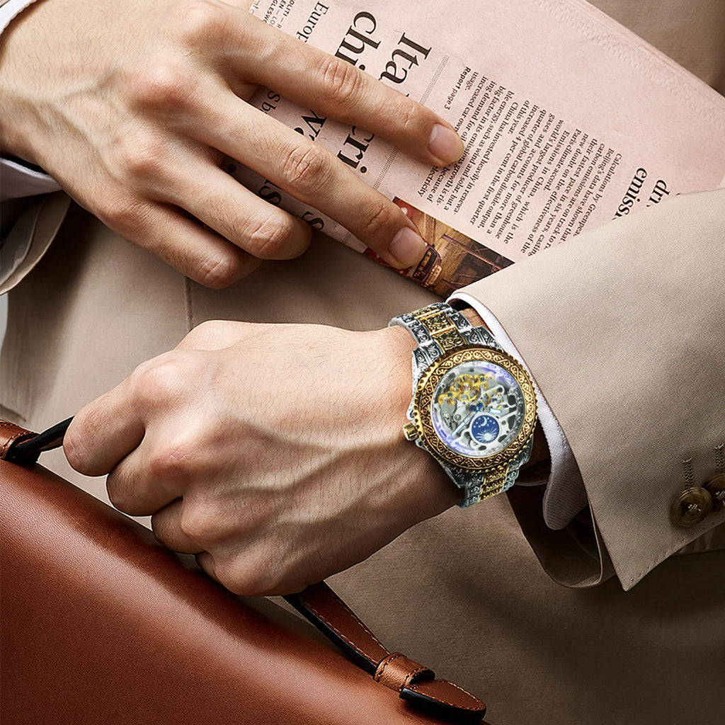 Montre Mécanique Homme FORSINING – Squelette Luxe Or, Phase de Lune