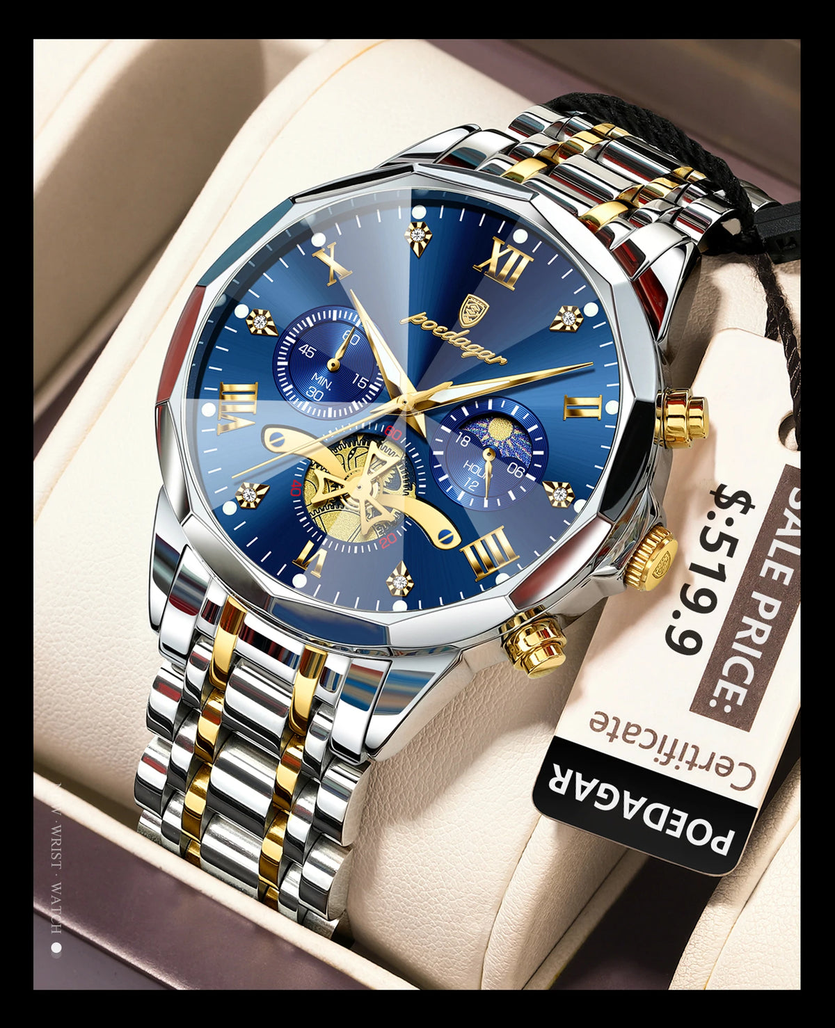 Montre Homme POEDAGAR 938 – Chronographe Quartz, Acier Inoxydable, Étanche 3 ATM