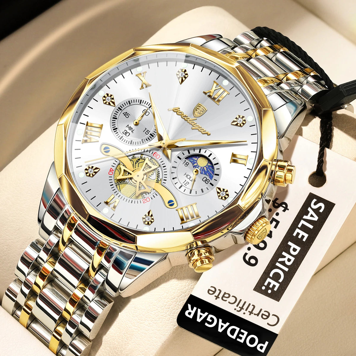 Montre Homme POEDAGAR 938 – Chronographe Quartz, Acier Inoxydable, Étanche 3 ATM