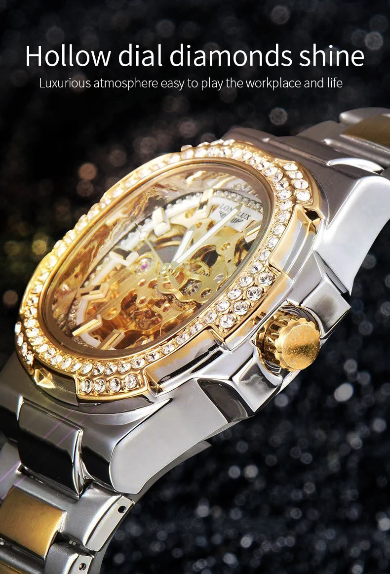 Montre automatique homme LONGLUX – Acier inoxydable, mécanique squelette, étanche, style luxe