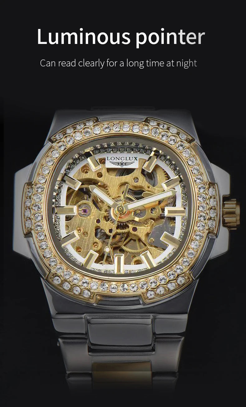 Montre automatique homme LONGLUX – Acier inoxydable, mécanique squelette, étanche, style luxe