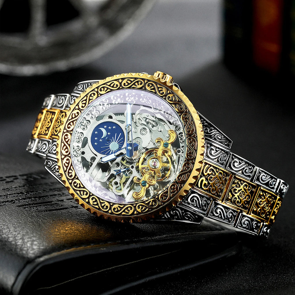 Montre Mécanique Homme FORSINING – Squelette Luxe Or, Phase de Lune