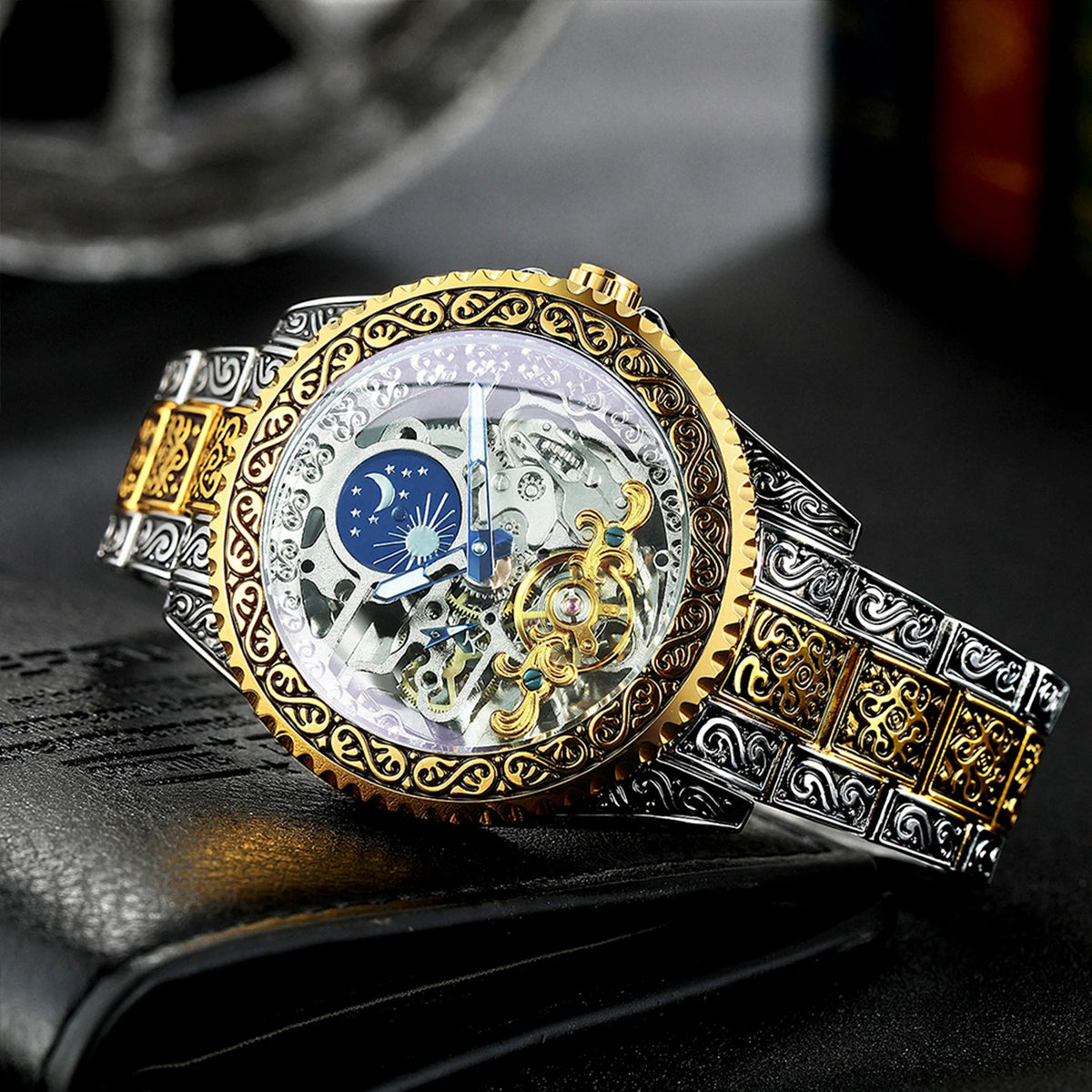 Montre Mécanique Homme FORSINING – Squelette Luxe Or, Phase de Lune
