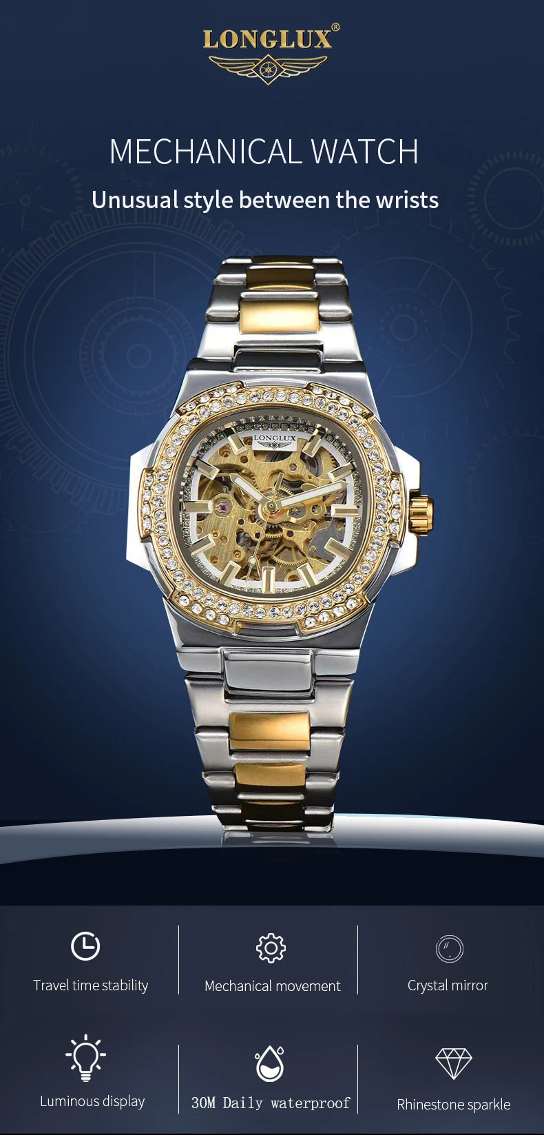 Montre automatique homme LONGLUX – Acier inoxydable, mécanique squelette, étanche, style luxe