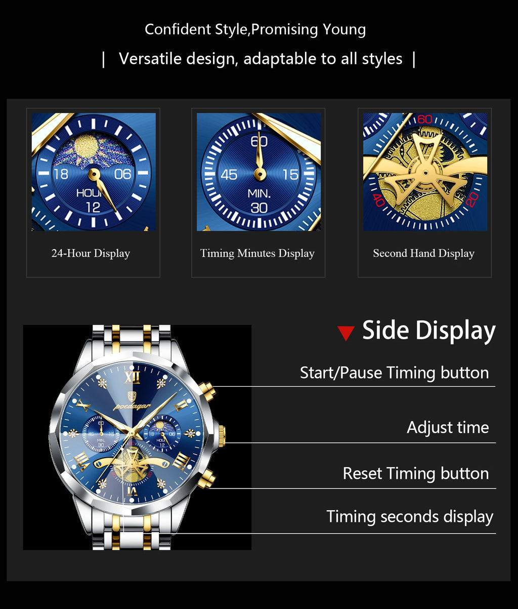 Montre Homme POEDAGAR 938 – Chronographe Quartz, Acier Inoxydable, Étanche 3 ATM
