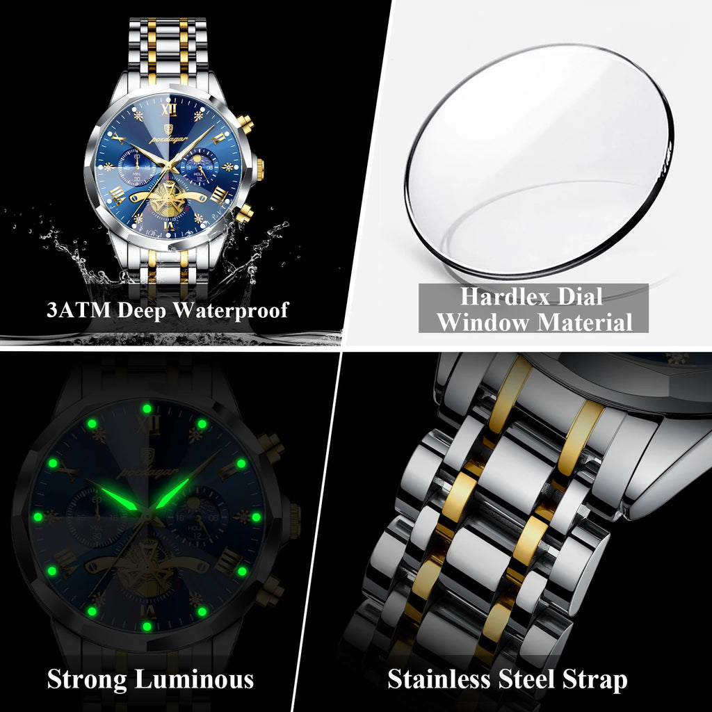 Montre Homme POEDAGAR 938 – Chronographe Quartz, Acier Inoxydable, Étanche 3 ATM