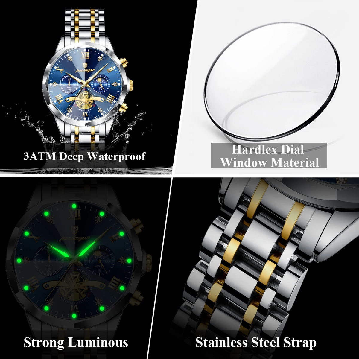 Montre Homme POEDAGAR 938 – Chronographe Quartz, Acier Inoxydable, Étanche 3 ATM