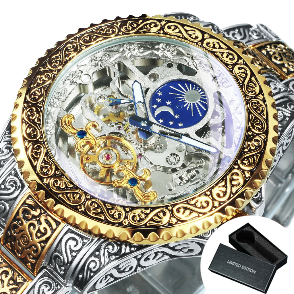 Montre Mécanique Homme FORSINING – Squelette Luxe Or, Phase de Lune