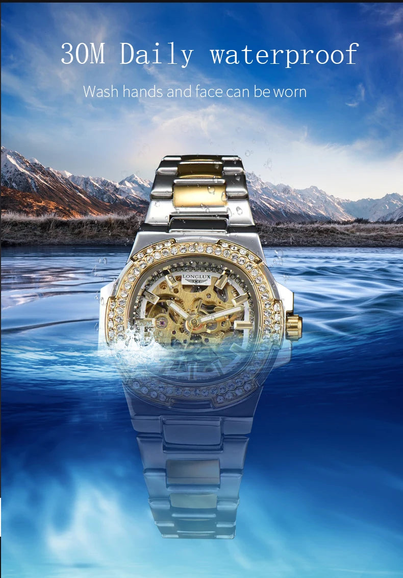 Montre automatique homme LONGLUX – Acier inoxydable, mécanique squelette, étanche, style luxe