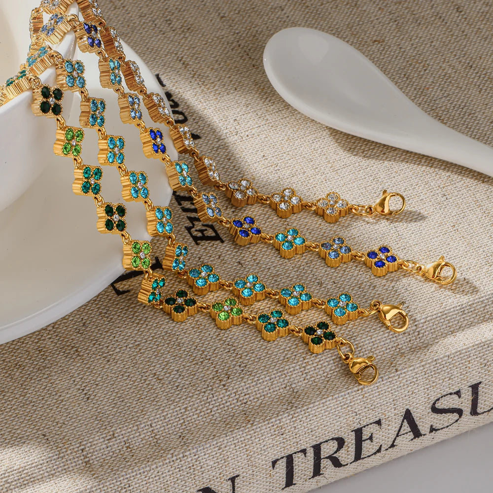 Bracelet Fleurs Colorées en Zircon – Acier Inoxydable 316L, Plaqué Or 18K