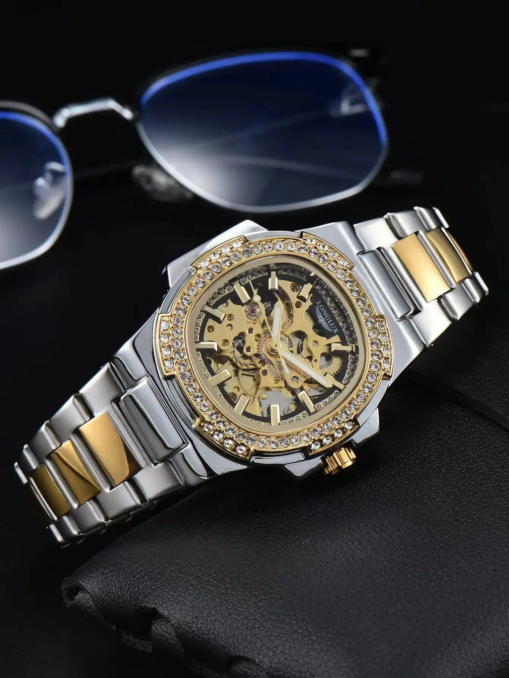 Montre automatique homme LONGLUX – Acier inoxydable, mécanique squelette, étanche, style luxe