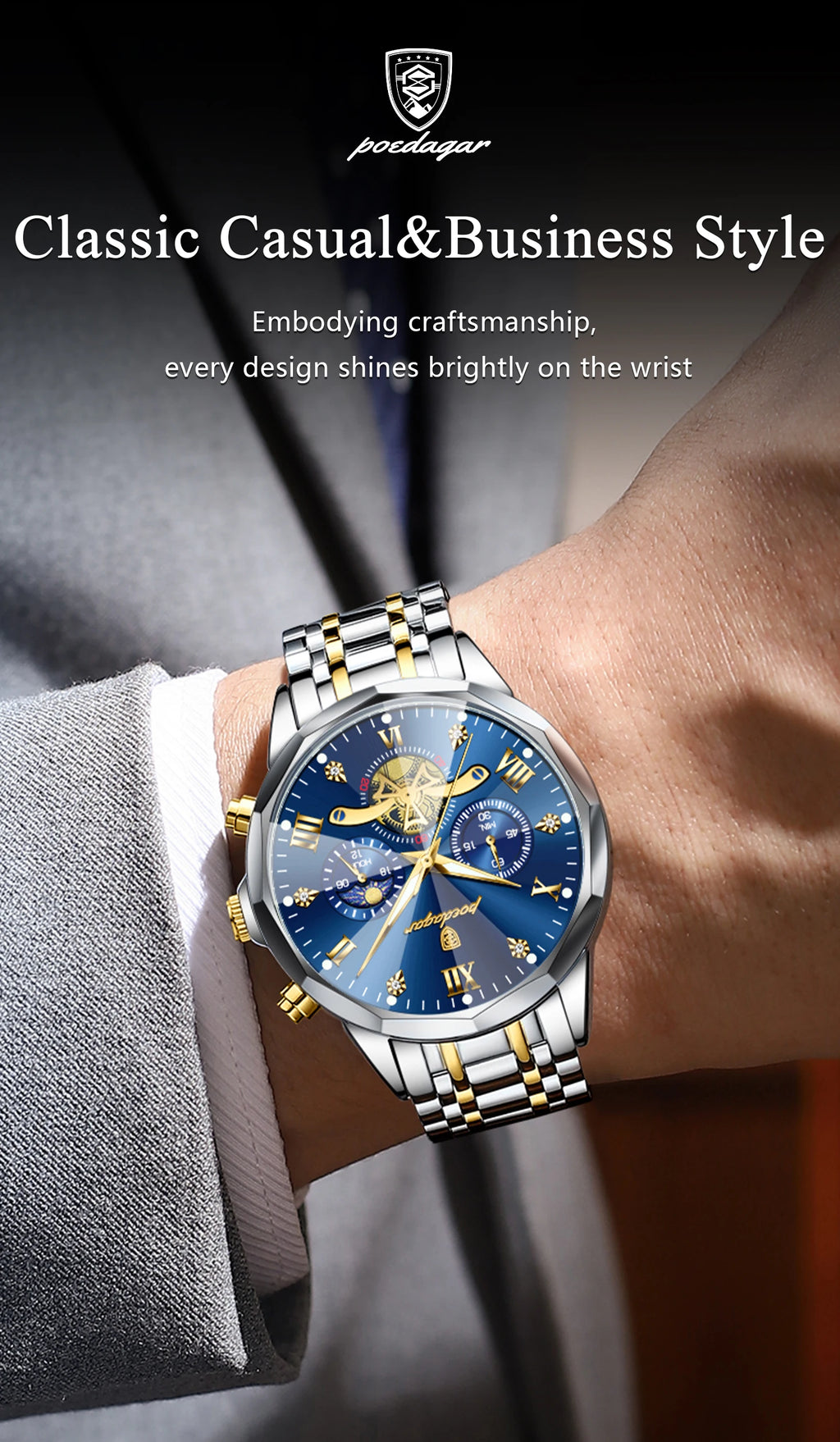 Montre Homme POEDAGAR 938 – Chronographe Quartz, Acier Inoxydable, Étanche 3 ATM
