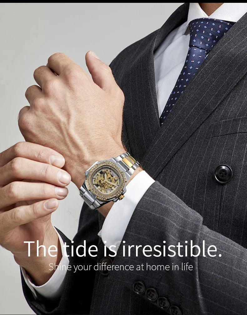 Montre automatique homme LONGLUX – Acier inoxydable, mécanique squelette, étanche, style luxe