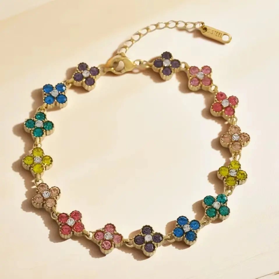 Bracelet Fleurs Colorées en Zircon – Acier Inoxydable 316L, Plaqué Or 18K