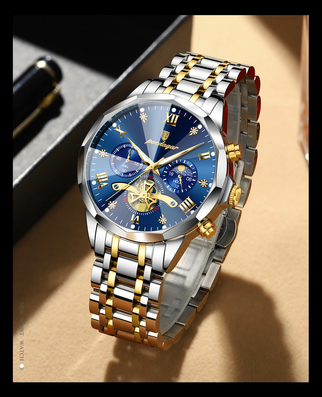 Montre Homme POEDAGAR 938 – Chronographe Quartz, Acier Inoxydable, Étanche 3 ATM
