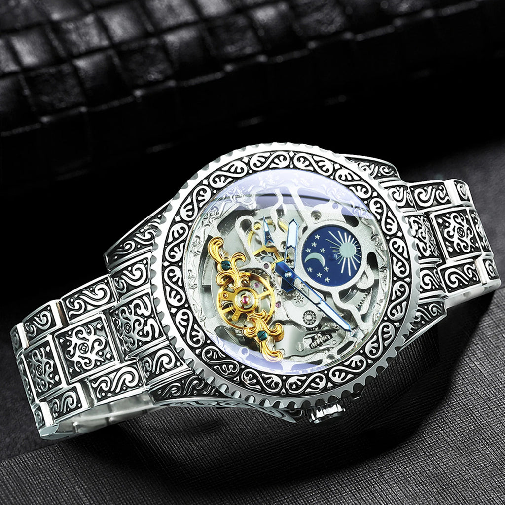 Montre Mécanique Homme FORSINING – Squelette Luxe Or, Phase de Lune