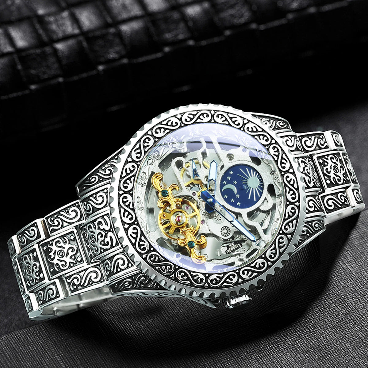 Montre Mécanique Homme FORSINING – Squelette Luxe Or, Phase de Lune