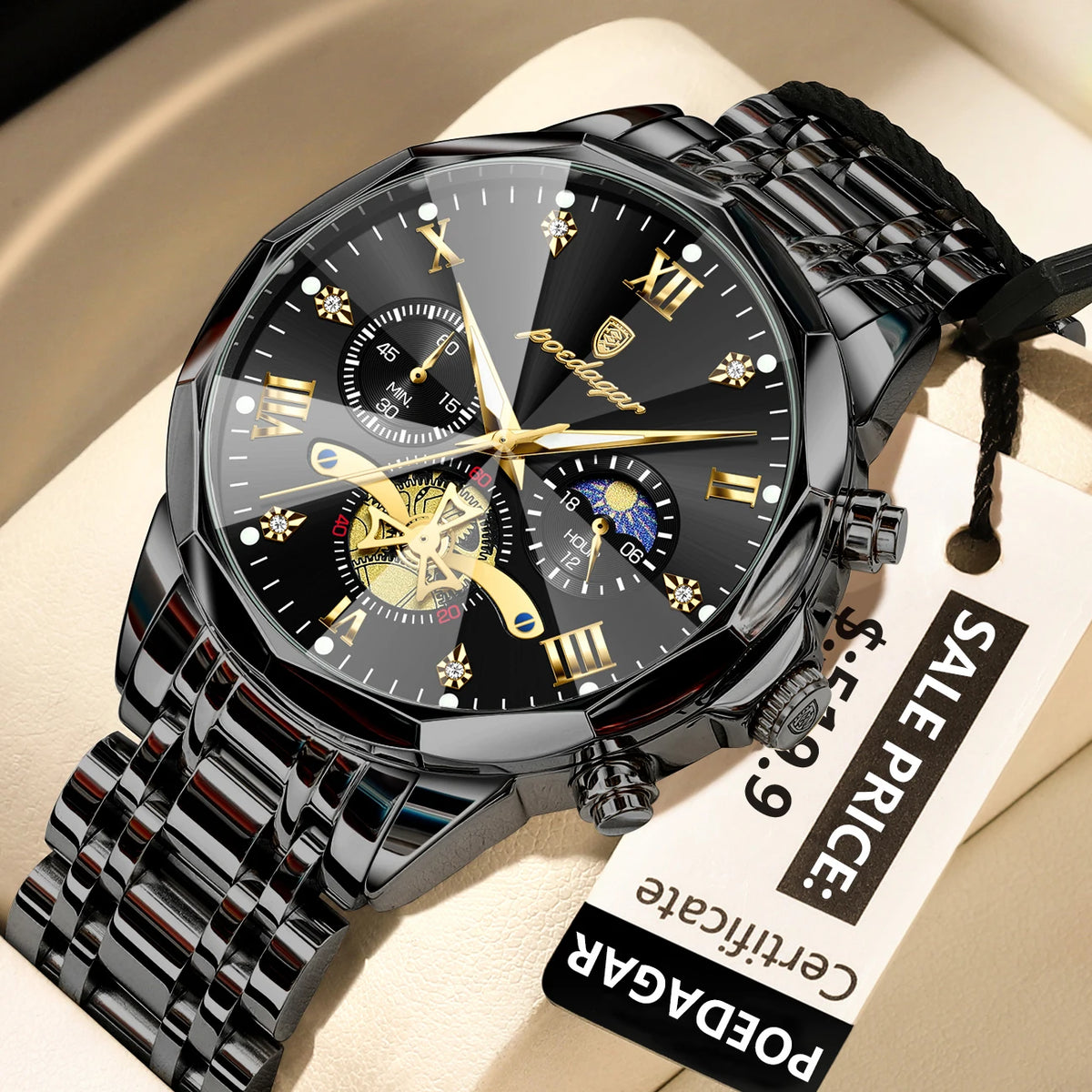 Montre Homme POEDAGAR 938 – Chronographe Quartz, Acier Inoxydable, Étanche 3 ATM