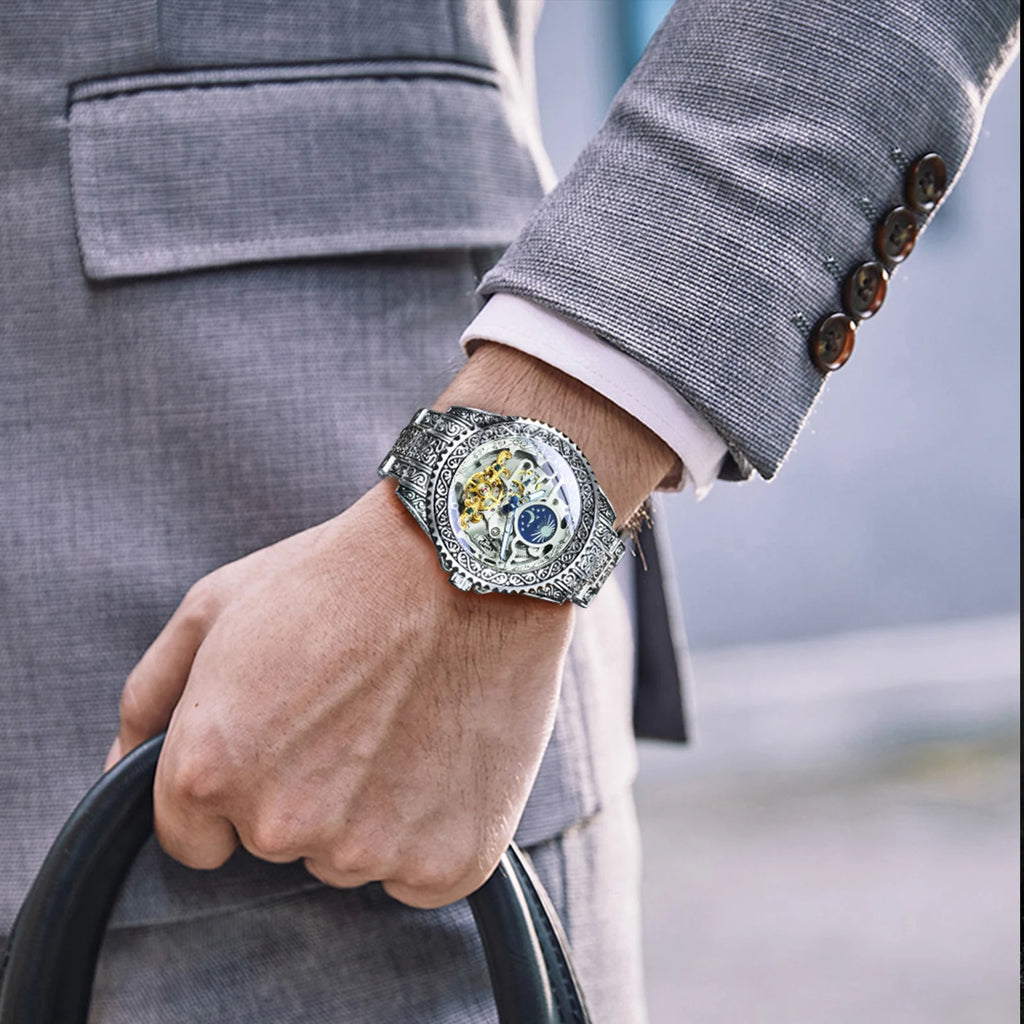 Montre Mécanique Homme FORSINING – Squelette Luxe Or, Phase de Lune