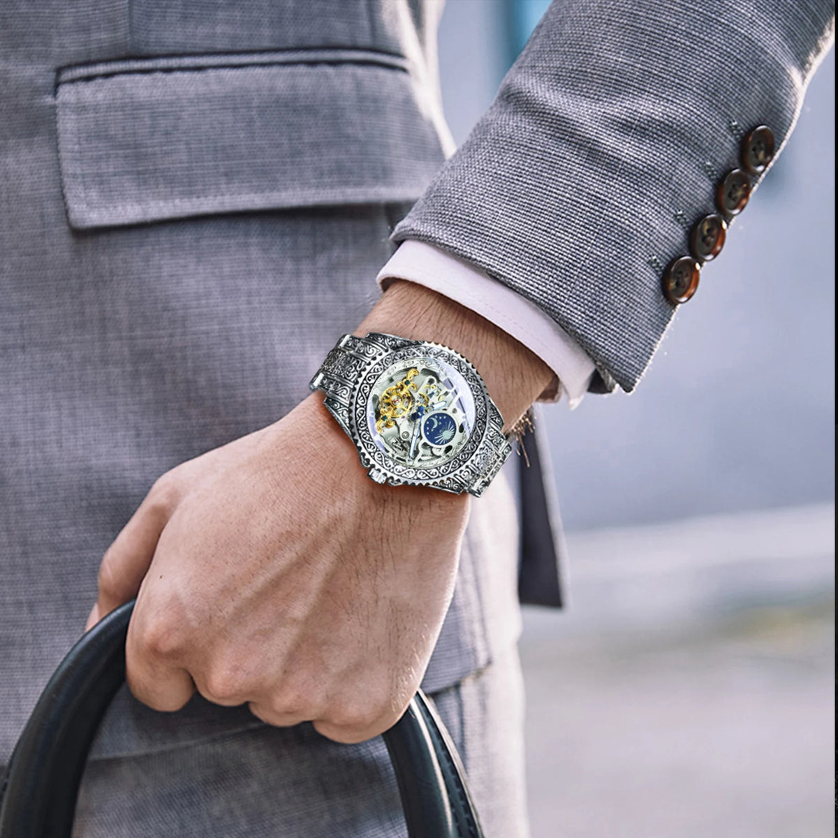 Montre Mécanique Homme FORSINING – Squelette Luxe Or, Phase de Lune