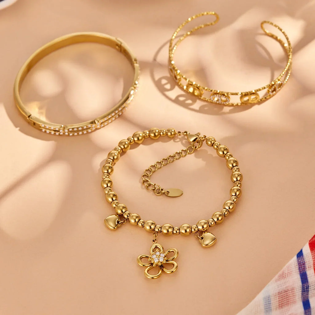 Bracelet Femme 18K Doré – Fleurs, Cœur & Zircon
