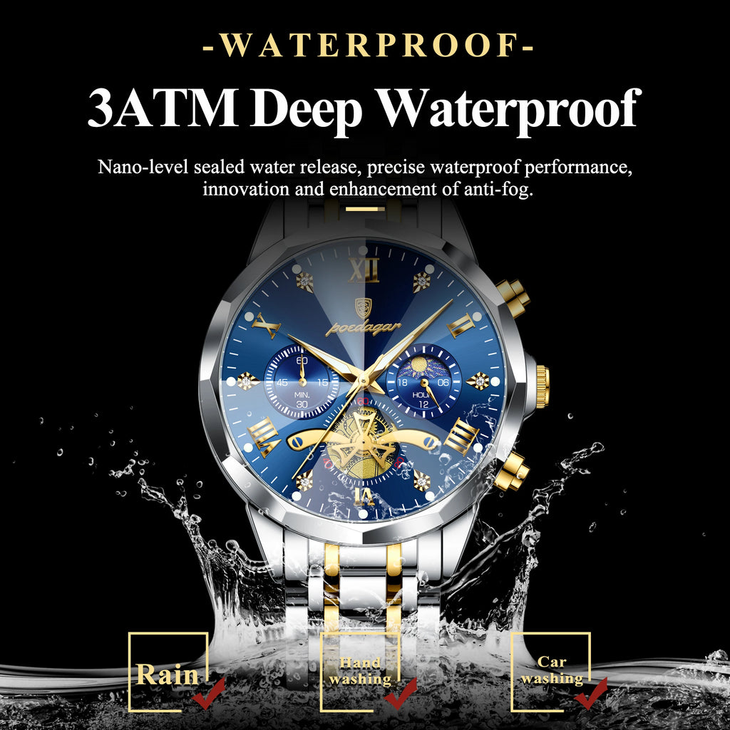 Montre Homme POEDAGAR 938 – Chronographe Quartz, Acier Inoxydable, Étanche 3 ATM