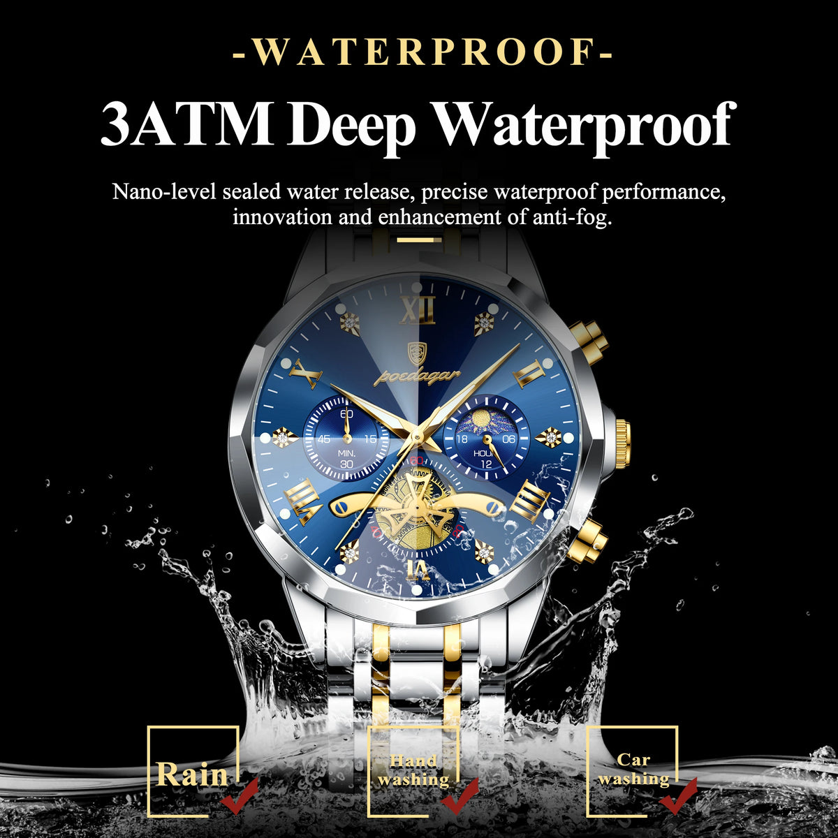 Montre Homme POEDAGAR 938 – Chronographe Quartz, Acier Inoxydable, Étanche 3 ATM
