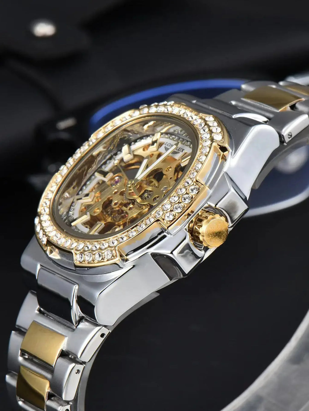 Montre automatique homme LONGLUX – Acier inoxydable, mécanique squelette, étanche, style luxe