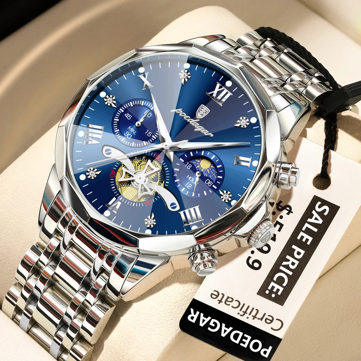 Montre Homme POEDAGAR 938 – Chronographe Quartz, Acier Inoxydable, Étanche 3 ATM