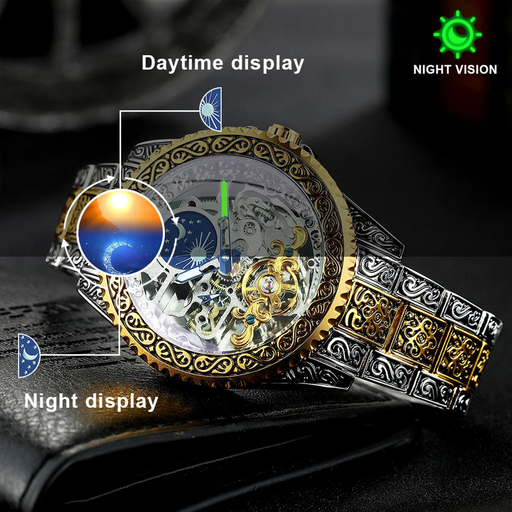 Montre Mécanique Homme FORSINING – Squelette Luxe Or, Phase de Lune