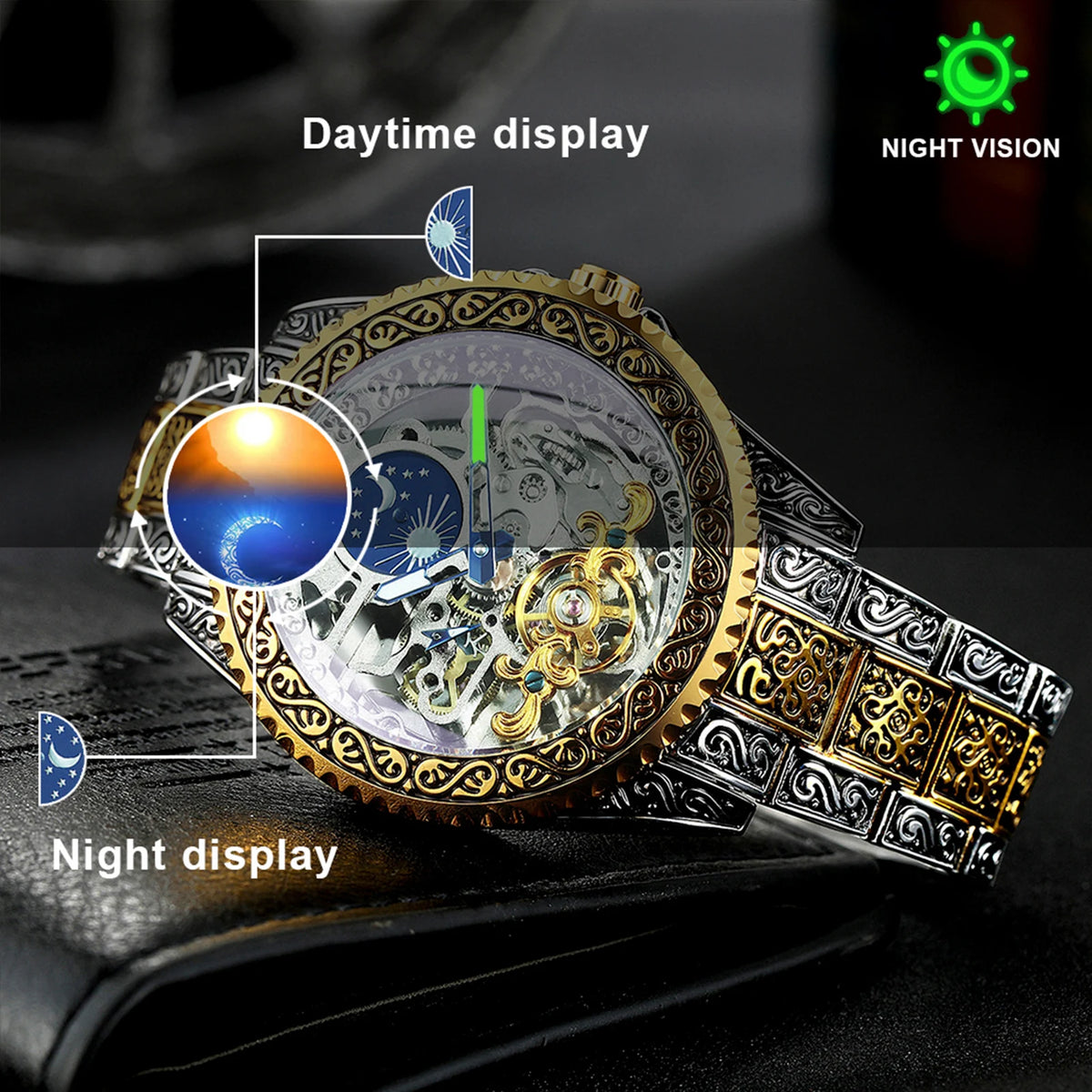 Montre Mécanique Homme FORSINING – Squelette Luxe Or, Phase de Lune