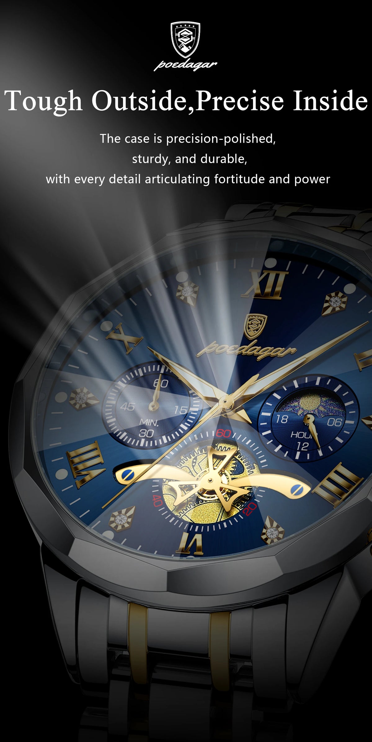 Montre Homme POEDAGAR 938 – Chronographe Quartz, Acier Inoxydable, Étanche 3 ATM