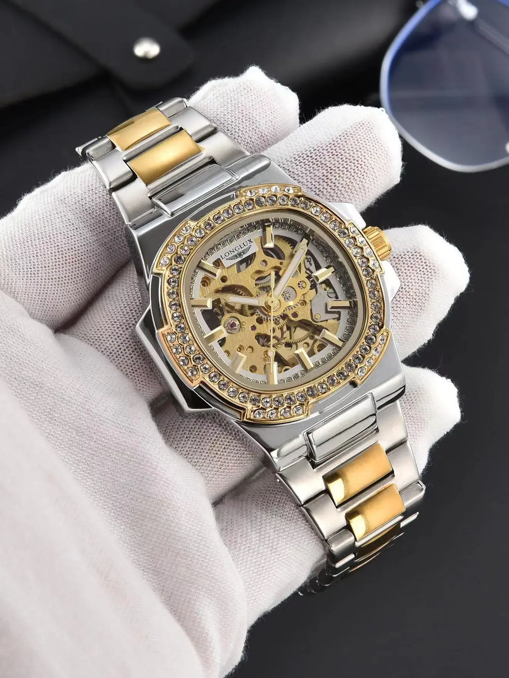 Montre automatique homme LONGLUX – Acier inoxydable, mécanique squelette, étanche, style luxe