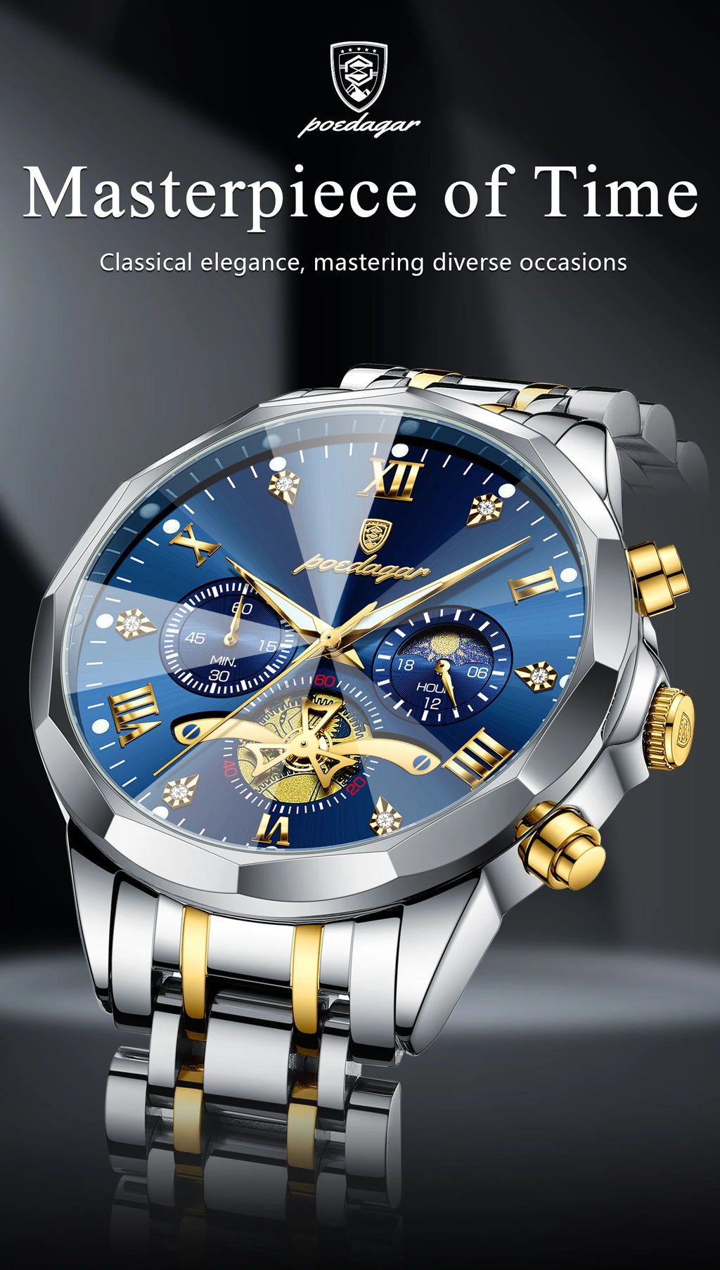Montre Homme POEDAGAR 938 – Chronographe Quartz, Acier Inoxydable, Étanche 3 ATM