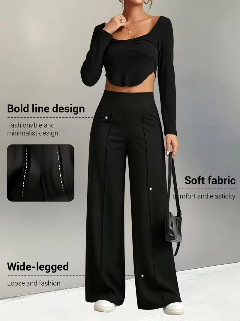 Pantalon femme taille haute à jambes larges – Jogging décontracté