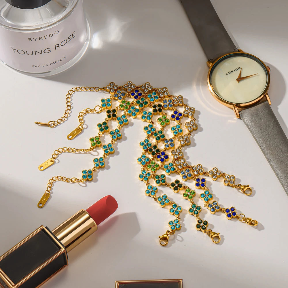 Bracelet Fleurs Colorées en Zircon – Acier Inoxydable 316L, Plaqué Or 18K