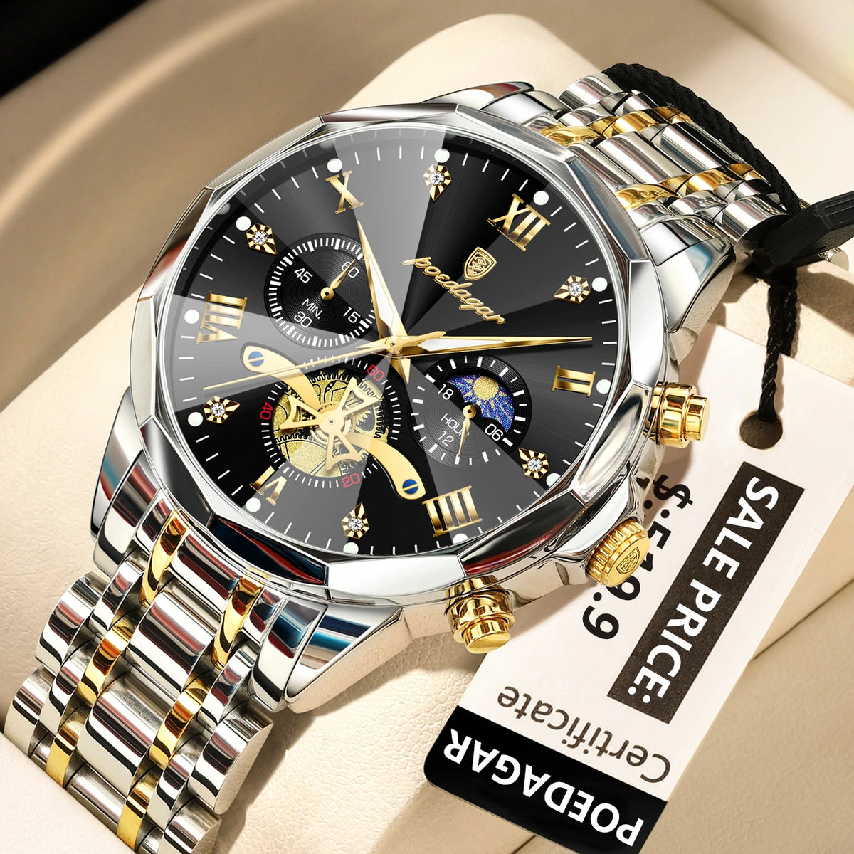 Montre Homme POEDAGAR 938 – Chronographe Quartz, Acier Inoxydable, Étanche 3 ATM